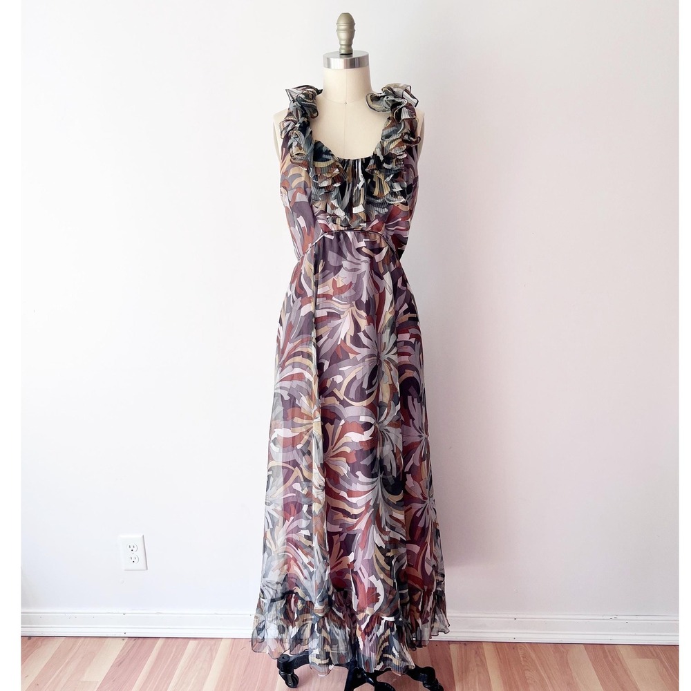 Vintage 70s Maxi Dress Brown Mauve Abstract Swirl Ruffle Neck Dupuis Jack Bryan